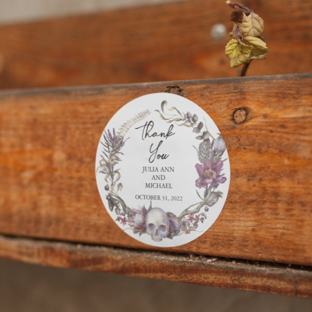 Adesivo Crânio Floral de Casamento de Halloween Obrigada (Criador carregado)