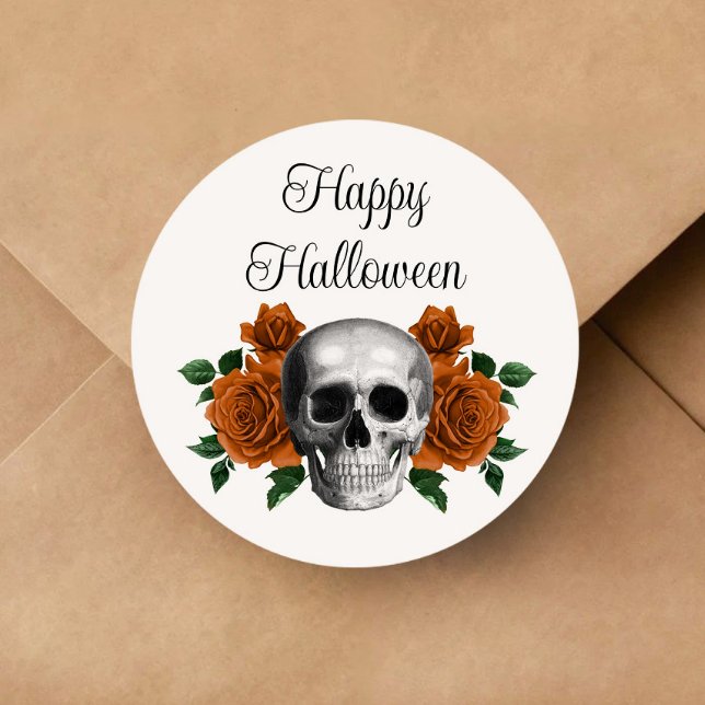 Adesivo Cranio Floral Gótico Halloween (Gothic Floral Skull Halloween Classic Round Sticker)