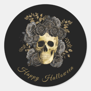Adesivo Crânio Gótico Rosas Pretas e Douradas Halloween