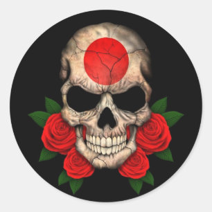 Adesivo Crânio japonês da bandeira com rosas vermelhas