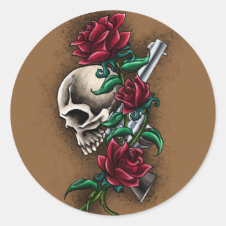 Adesivo Crânio Ocidental com Rosas vermelhas e Revolver Pi
