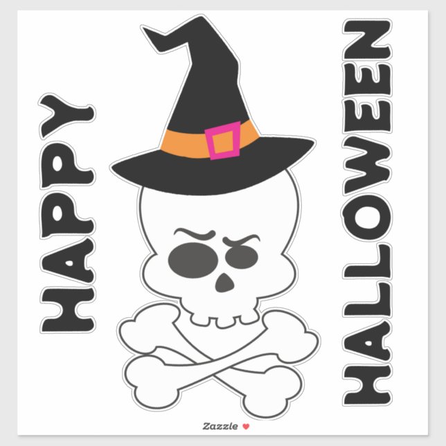 Adesivo Crânio, Ossos Cruzados e Chapéu de Bruxas (Folha)