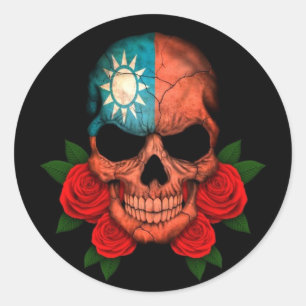 Adesivo Crânio taiwanês da bandeira com rosas vermelhas