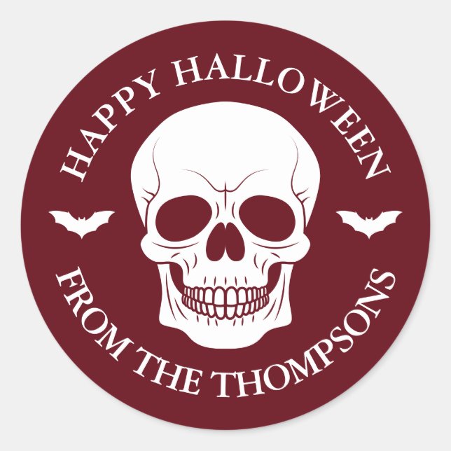 Adesivo Crânio Vermelho E Morcegos Com Texto Halloween (Frente)