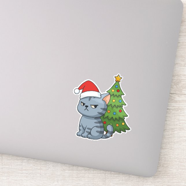 Adesivo Cranky Grey Tabby Cat Red Hat Christmas Tree (Detalhe)
