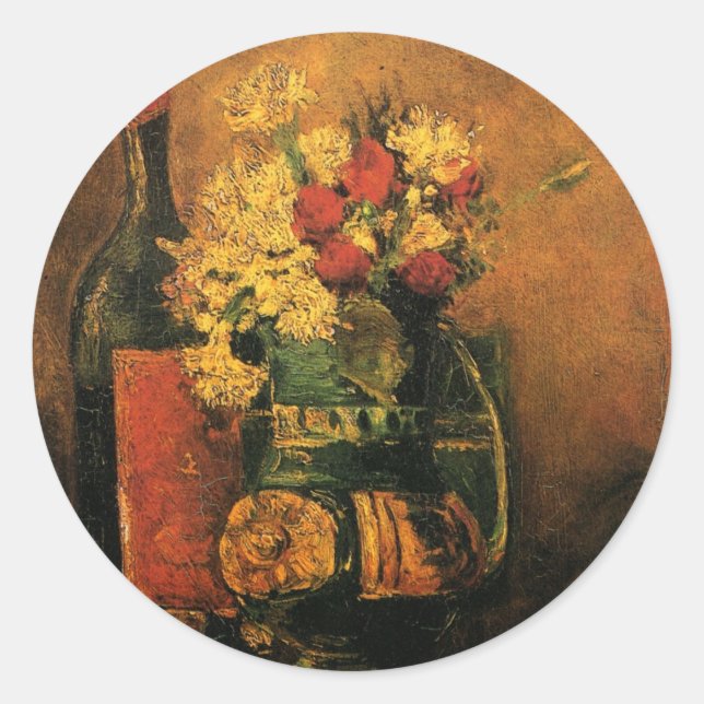 Adesivo Cravos, Rosas e uma Garrafa por Vincent van Gogh (Frente)
