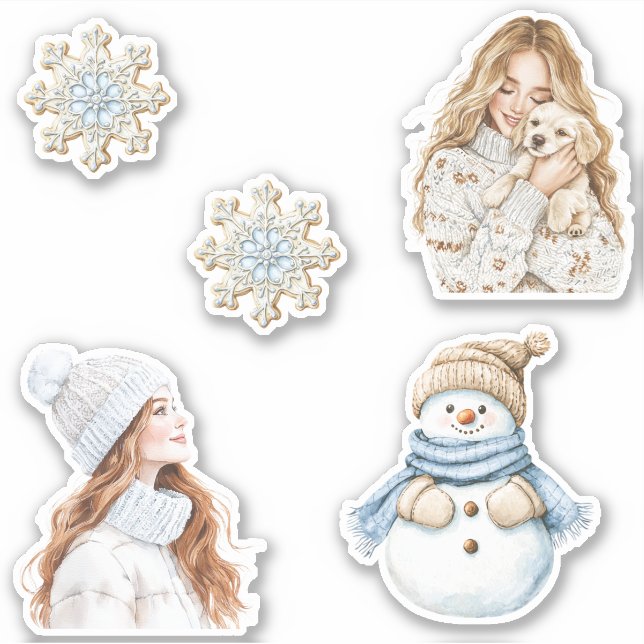 Adesivo Cream Snowflakes Blue Christmas Girl Snowman Dog (Frente)