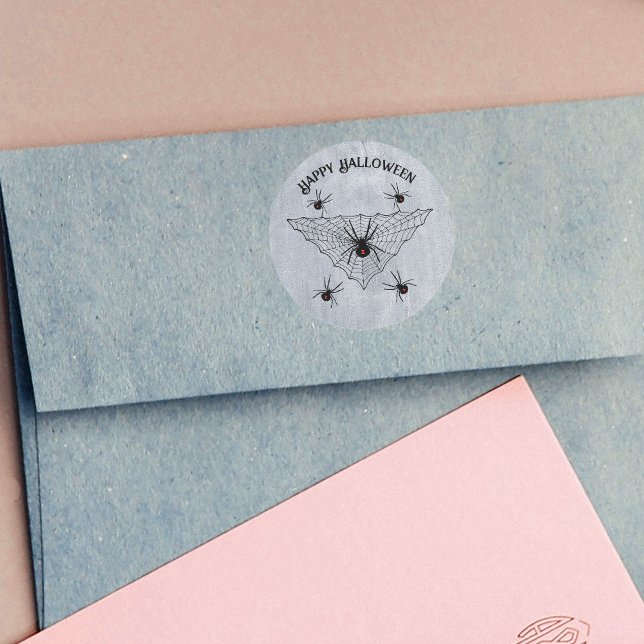 Adesivo Creepy Crawling Black Widow Spiders Web White (Black widow spiders in black web with red hourglass marks on rustic white Halloween stickers.)