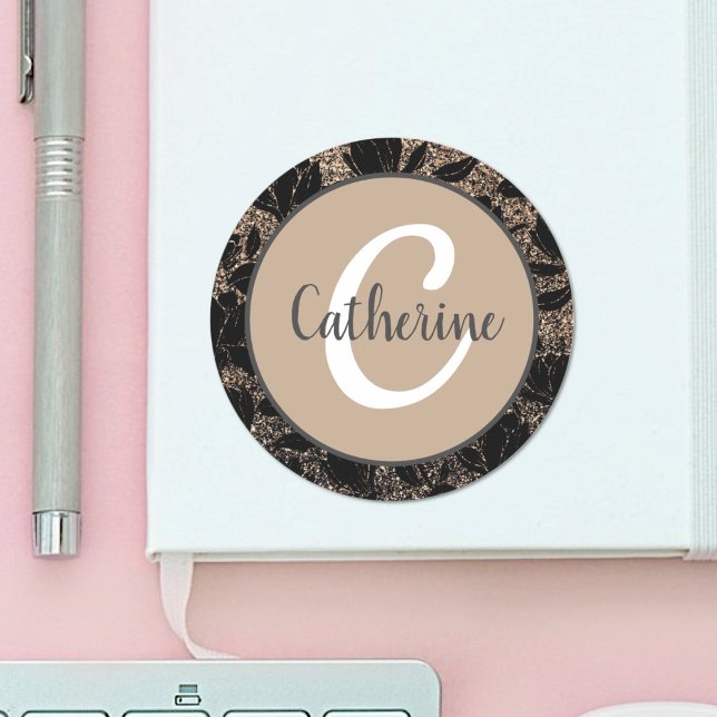 Adesivo Creme de Café Floral Elegante Nome Monogramado  (Criador carregado)