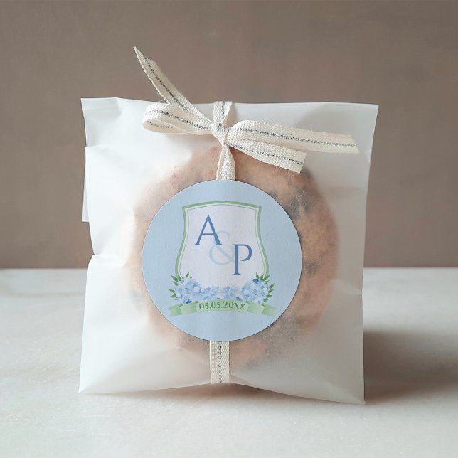 Adesivo Crest Botânico Verde Azul Elegante (Elegant pale blue and sage green monogram watercolor wedding crest thank you favor sticker design)