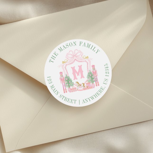 Adesivo Crest de Endereço Monograma de Noz Nutcracker Rosa (Criador carregado)