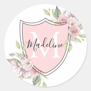 Adesivo Crest de Monograma com Nome Rosas Cor-de-Rosa