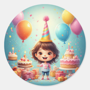 Adesivo Criança Alegre Celebrando Aniversário com Bolo