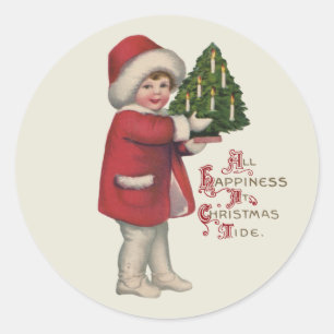 Adesivo Criança com Árvore de Natal Ilustração Antiga Arte