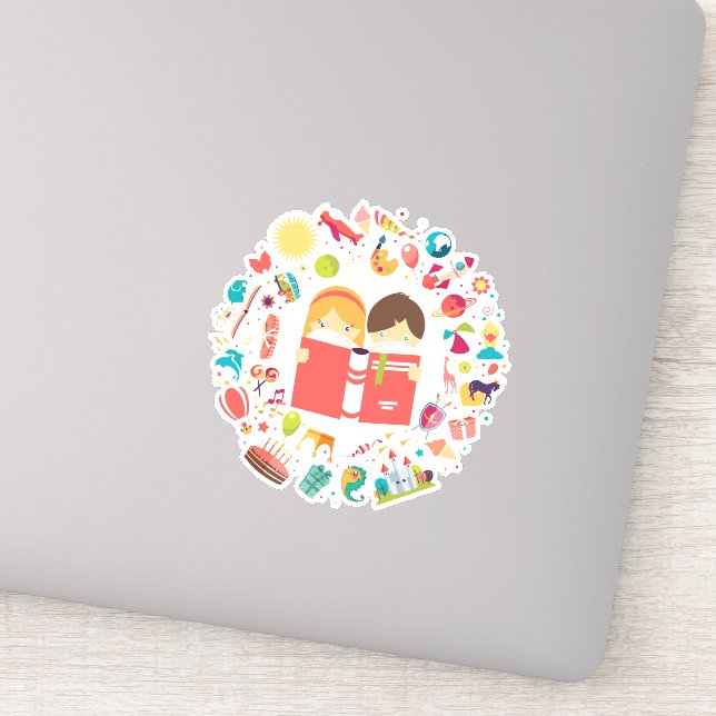 Adesivo Crianças bonitas lendo desenhos animados (Detalhe)