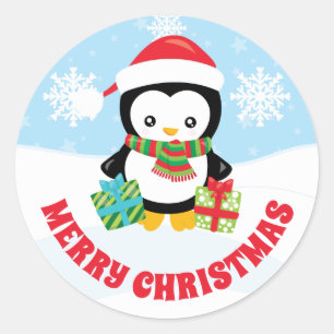 Adesivo Crianças bonitas Red Santa Hat Pinguin Feliz Natal
