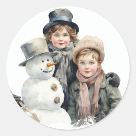 Adesivo Crianças da velha moda natalícia Snowman Watercolo