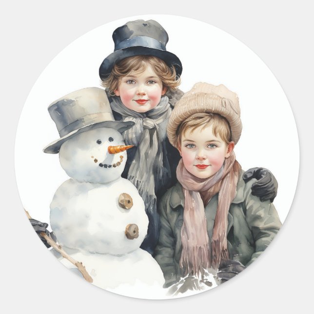 Adesivo Crianças da velha moda natalícia Snowman Watercolo (Frente)