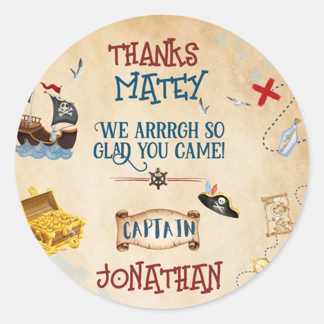 Adesivo Crianças, obrigado de aniversário de pirata, você  (Frente)