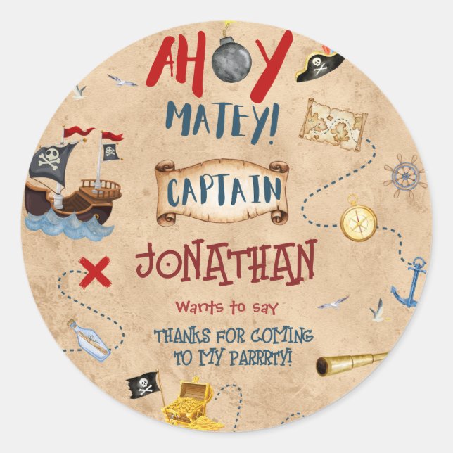 Adesivo Crianças, obrigado de aniversário de piratas (Frente)