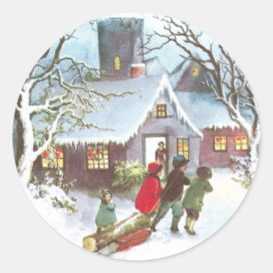 Adesivo Crianças Trazem Natais vintages de Log de Yule par