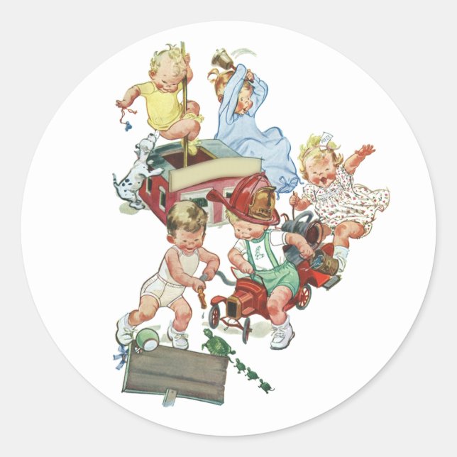 Adesivo Crianças Vintage Brincando com Bombeiros (Frente)