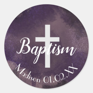 Adesivo Cruz de Batismo Roxo Aquarela Nome da Criança