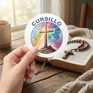 Adesivo Cruz de Madeira do Cursilho Com Arco-íris e Nuvens