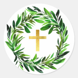 Adesivo Cruz de Ouro Falso em Coroa de Verdura Verde Relig
