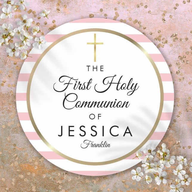 Adesivo Cruz Dourada com Faixa Rosa Primeira Comunhão (Gold Cross Pink Stripe First Holy Communion Classic Round Sticker)