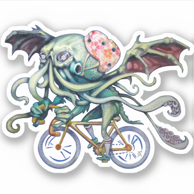 Adesivo Cthulhu Dirigindo Uma Bicicleta (Frente)