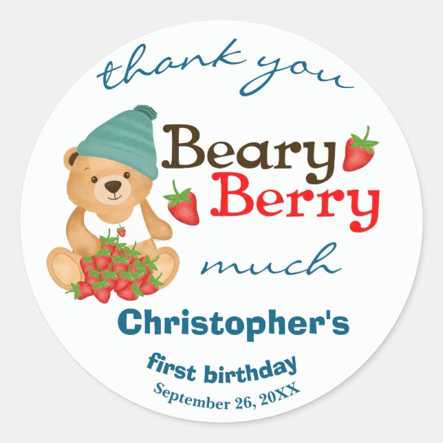 Adesivo Cubo Cubo Morango Beary Berry Primeiro Aniversário (Frente)