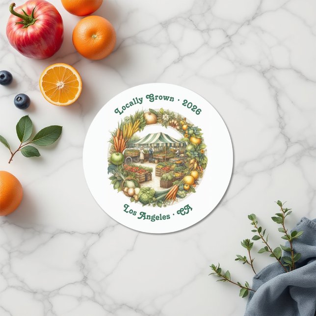 Adesivo Cultivado localmente - Festa de aniversário do mer (Locally Grown - Farmers Market Birthday Party Classic Round Sticker)