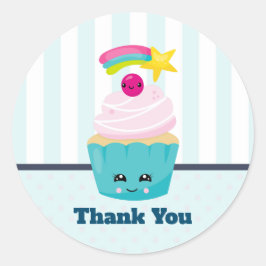 Adesivo Cupcake azul bonito com a cara de Kawaii Obrigado