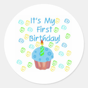Adesivo Cupcake azul com da vela aniversário primeirament
