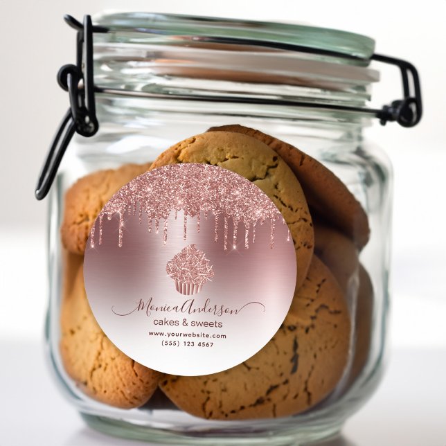 Adesivo Cupcake Bakery Pastelaria Chef Glitter Drives Rosa (Cupcake Bakery Pastry Chef Glitter Drips Rose Gold Classic Round Sticker)