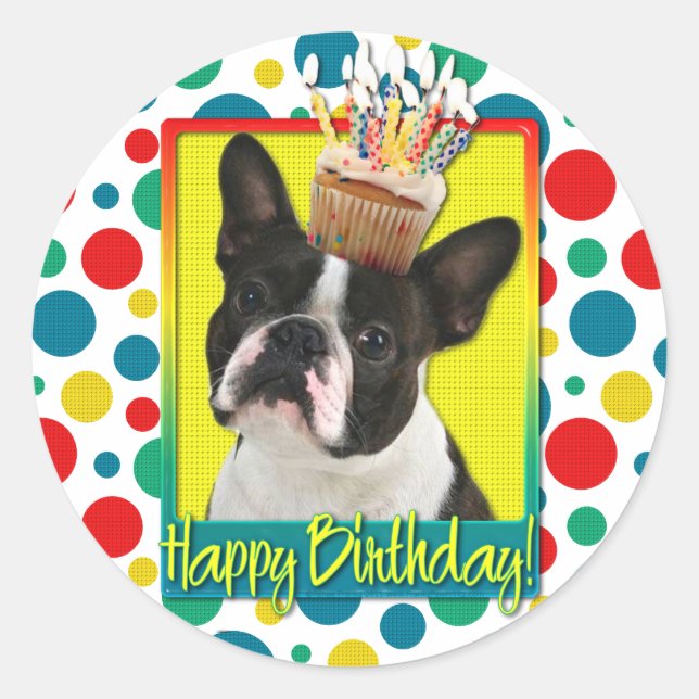 Adesivo Cupcake de aniversário - Boston Terrier (Frente)