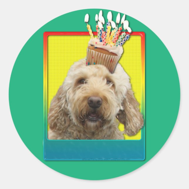 Adesivo Cupcake de aniversário - GoldenDoodle (Frente)