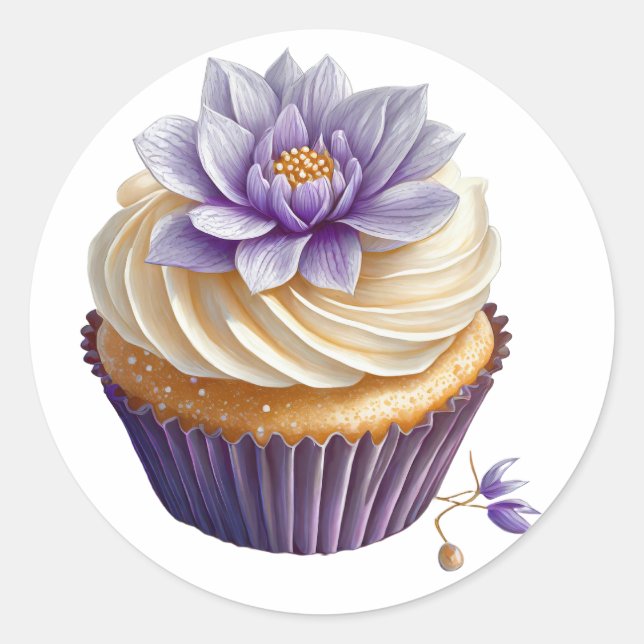 Adesivo Cupcake de creme roxo com aniversário de flores (Frente)