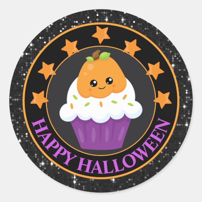 Adesivo Cupcake de Halloween de Abóbora Kawaii (Frente)