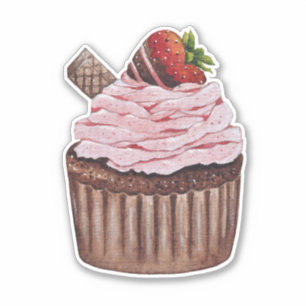 Adesivo Cupcake De Morango Cento Em Aquarela 