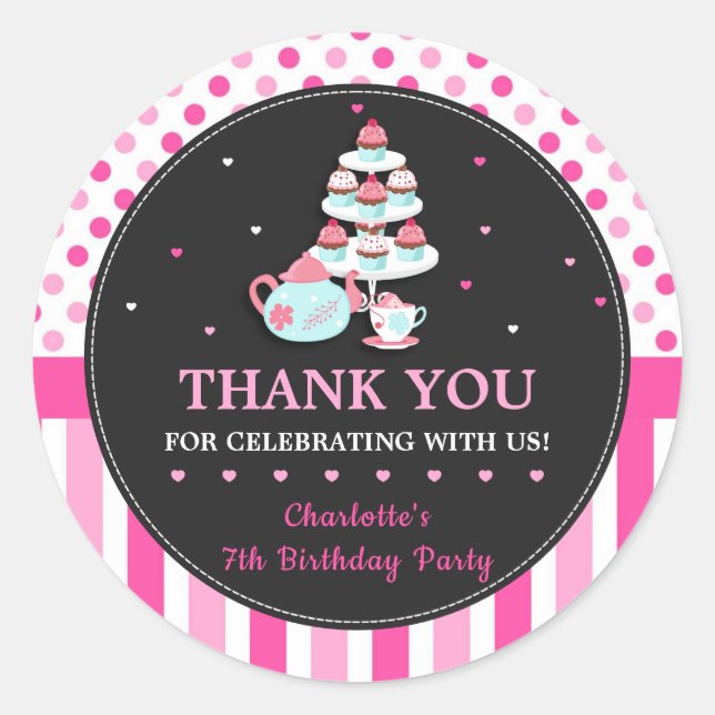 Adesivo Cupcake Tea Party Birthday Pink Obrigado (Frente)