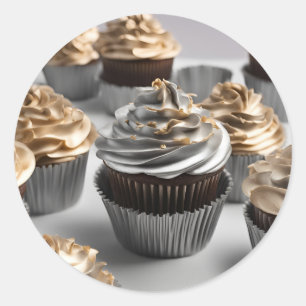 Adesivo Cupcakes de origem Dourada vinheta redonda Beige
