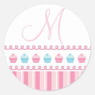 Adesivo Cupcakes Monogramas M Pinstripes Pink Blue Sticker