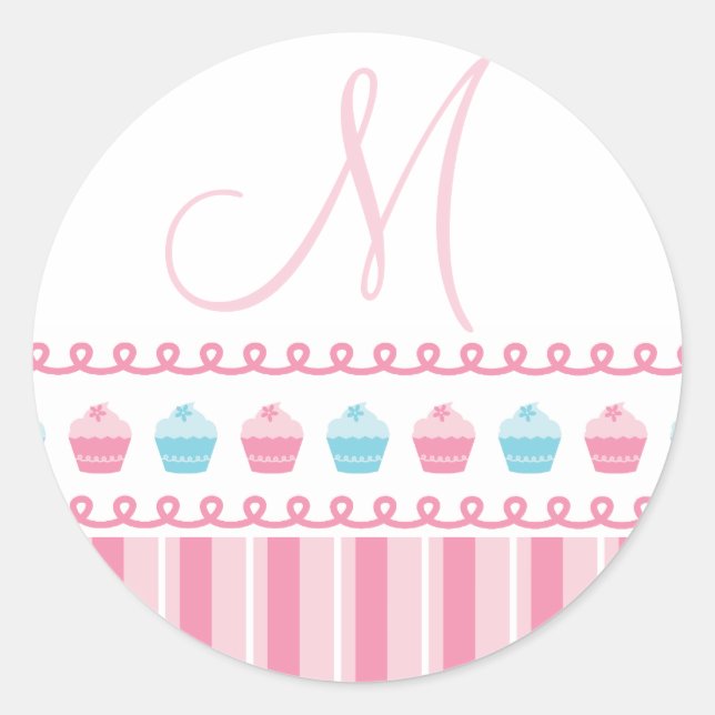 Adesivo Cupcakes Monogramas M Pinstripes Pink Blue Sticker (Frente)