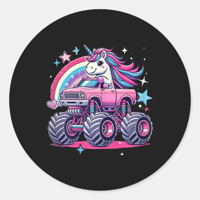 Adesivo Curioso Unicórnio Que Dirige Um Monstro Rosa (Frente)