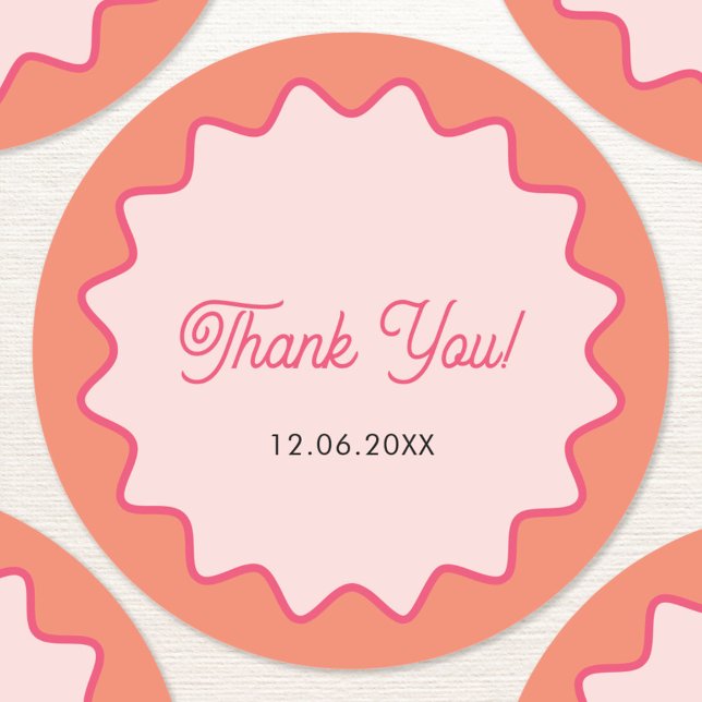 Adesivo Curva Cor-de-Rosa Onda Retroativa Obrigado (Wavy retro personalized date Thank You sticker)