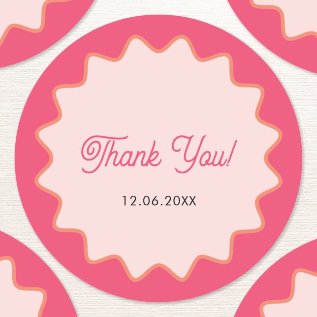 Adesivo Curva Cor-de-Rosa Onda Retroativa Obrigado (Custom text retro wavy pink thank you stickers)