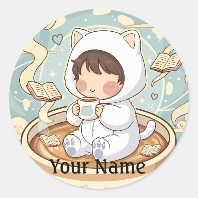 Adesivo Custom Name Cat Coffee Sticker for Book Lovers (Frente)