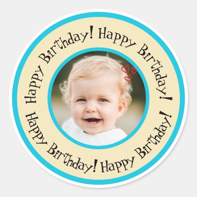 Adesivo Custom Round Birthday Photo Beige & Turquoise (Frente)
